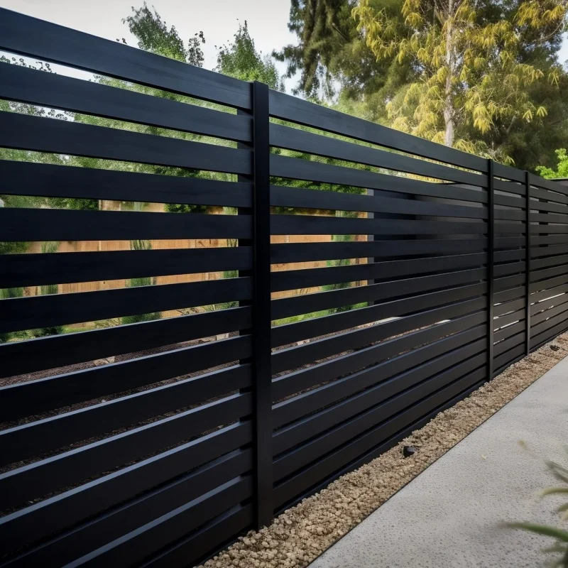 Black horizontal aluminium slat fence running along a garden path